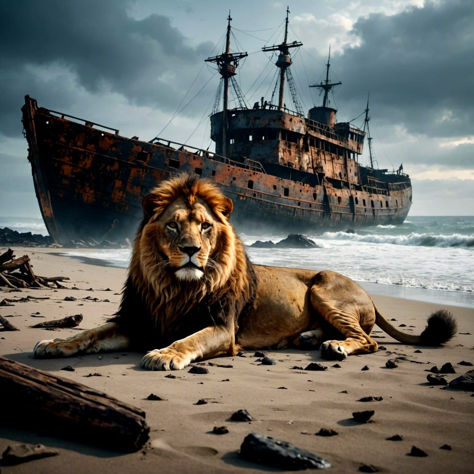 Photorealistic Lion on Foggy Beach with Shipwreck