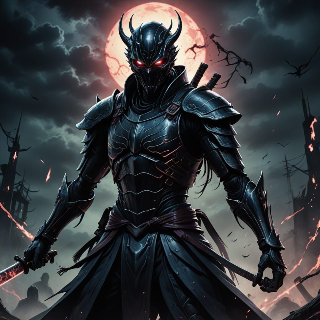 Ethereal Samurai Confronts Slender Man in a Void of Dark Mat...