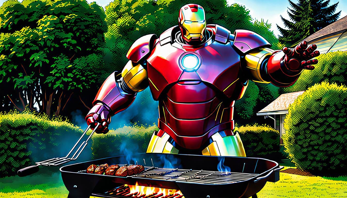 Humorous Obese Iron Man BBQ Caricature in Pop-Surrealism