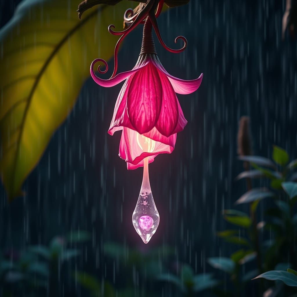 Pink Bell Flower in Torrential Rain: Fantasy Art