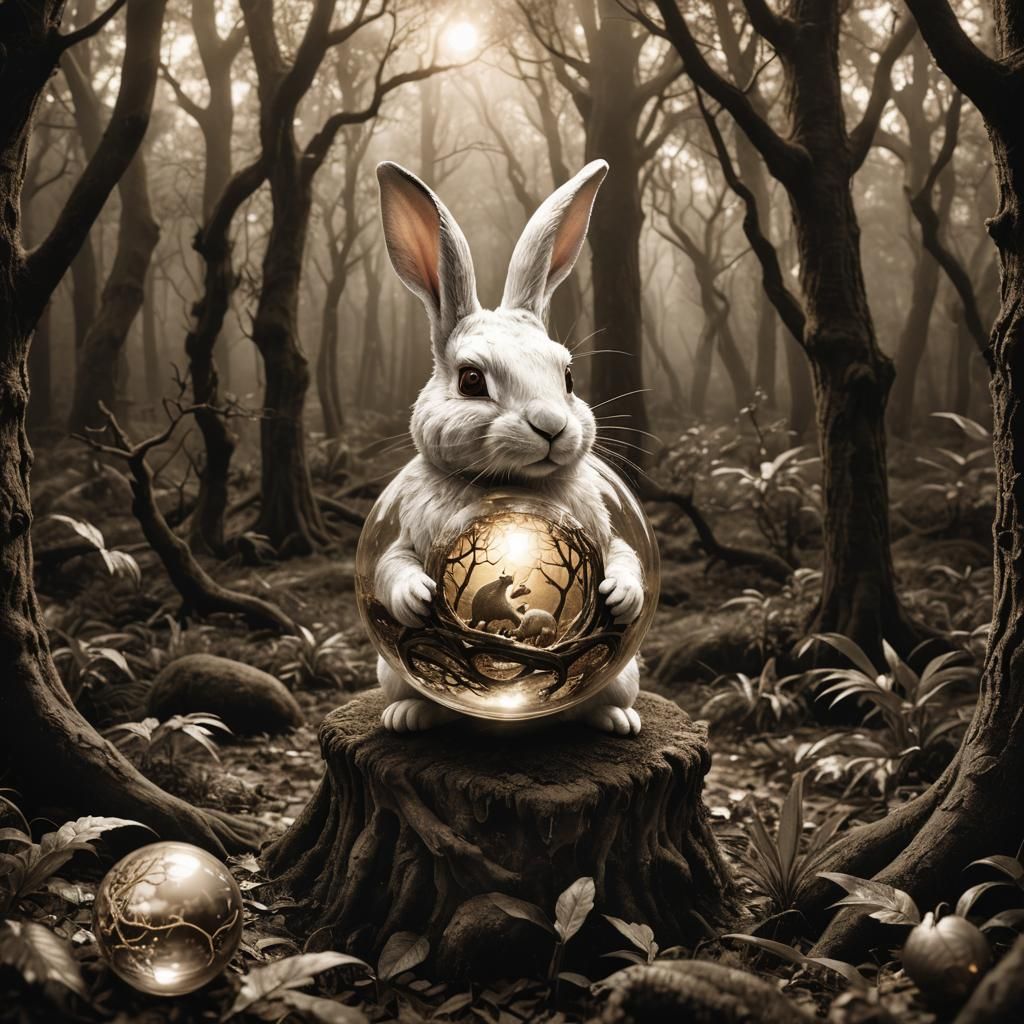 1869 photograph of a white rabbit holding an eerily lit magi...