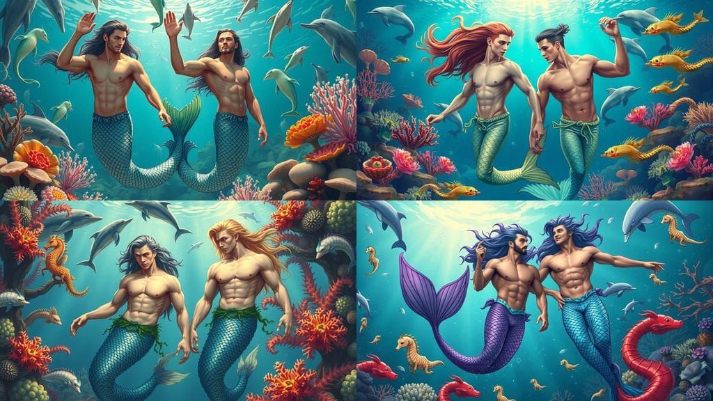 Mermen Swimming in Coral Reef with Sea Life