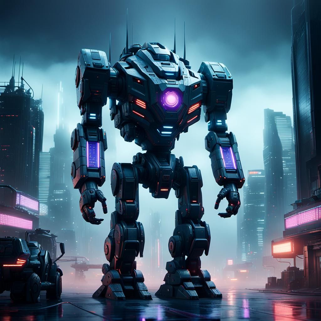 Sci-Fi Mech in Futuristic Cityscape