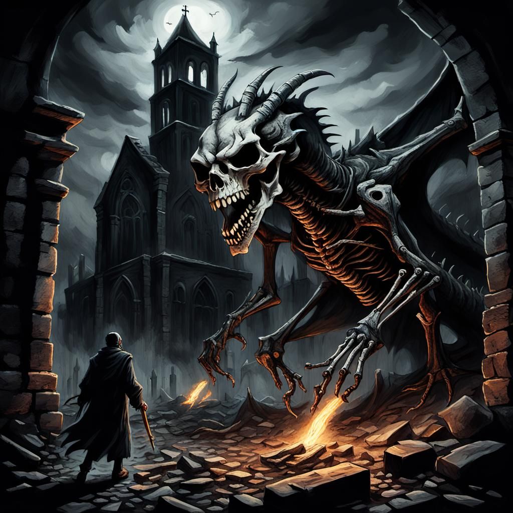 Evil Dragon Skeleton Chasing People: Macabre Charcoal Art