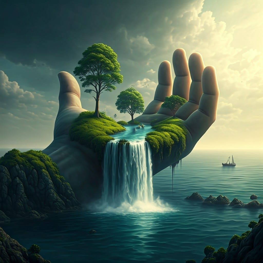 Surreal Giant Hand Landscape with River