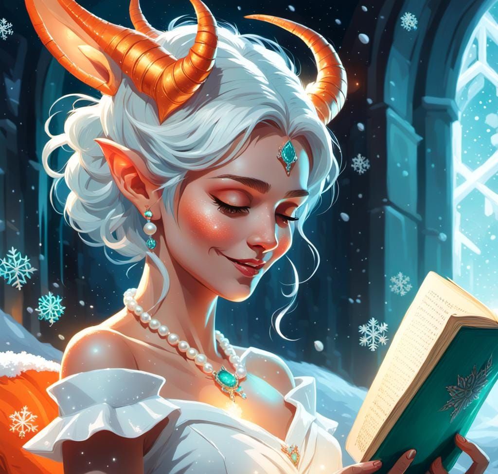 Fantasy Elf Woman Reading, Alphonse Mucha Style