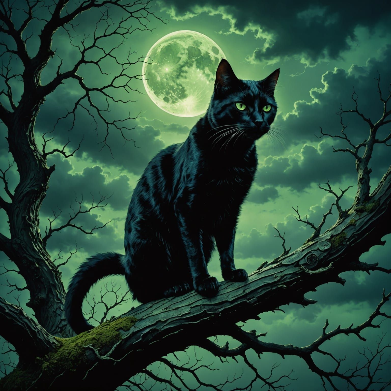 Gothic Black Cat in Stormy Moonlight