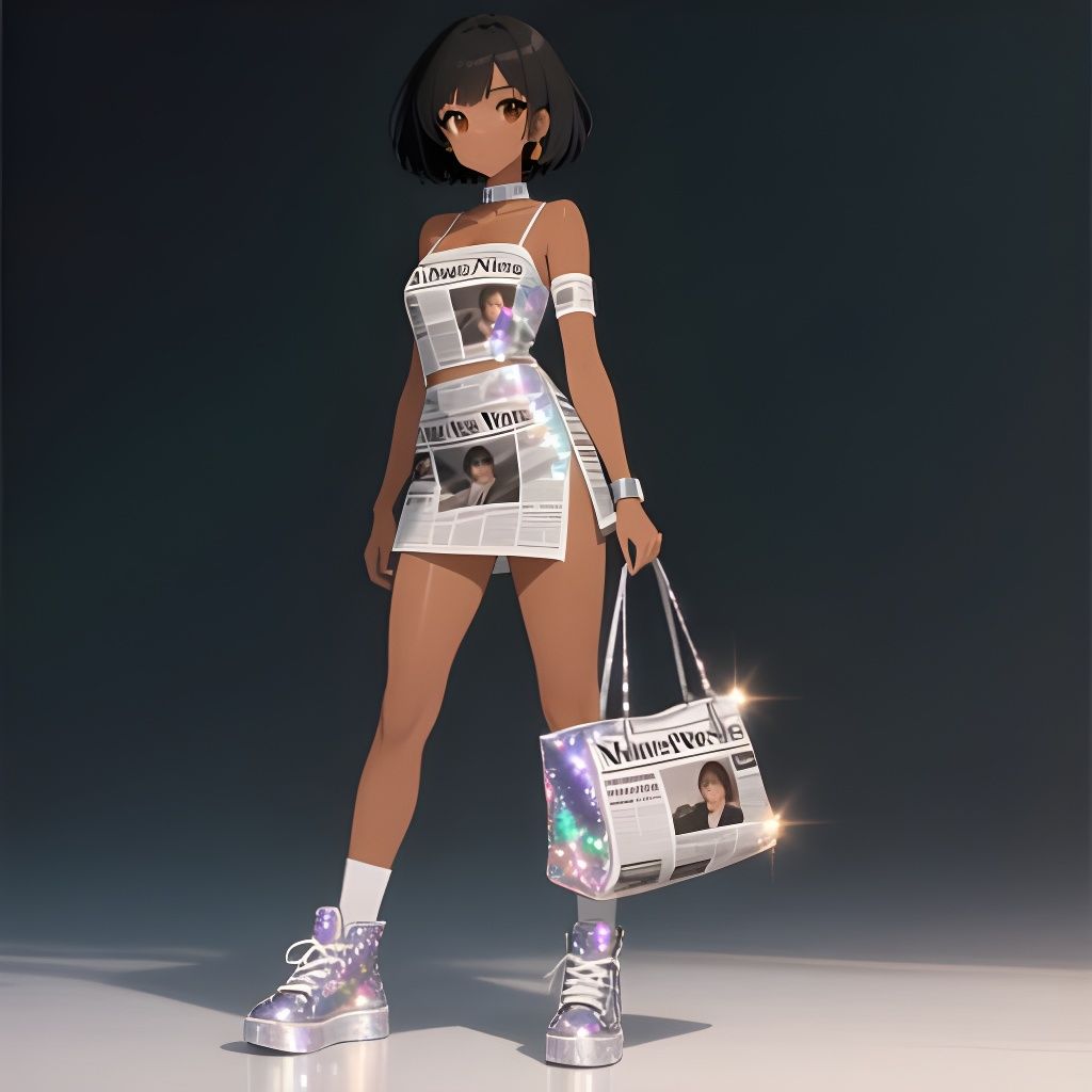 Anime Woman in Sparkly Paper News Outfit