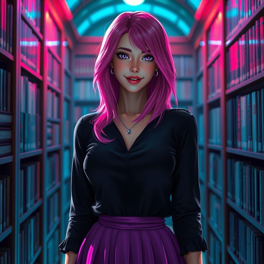 Pink-Haired Woman in Library, Hyperdetailed Art