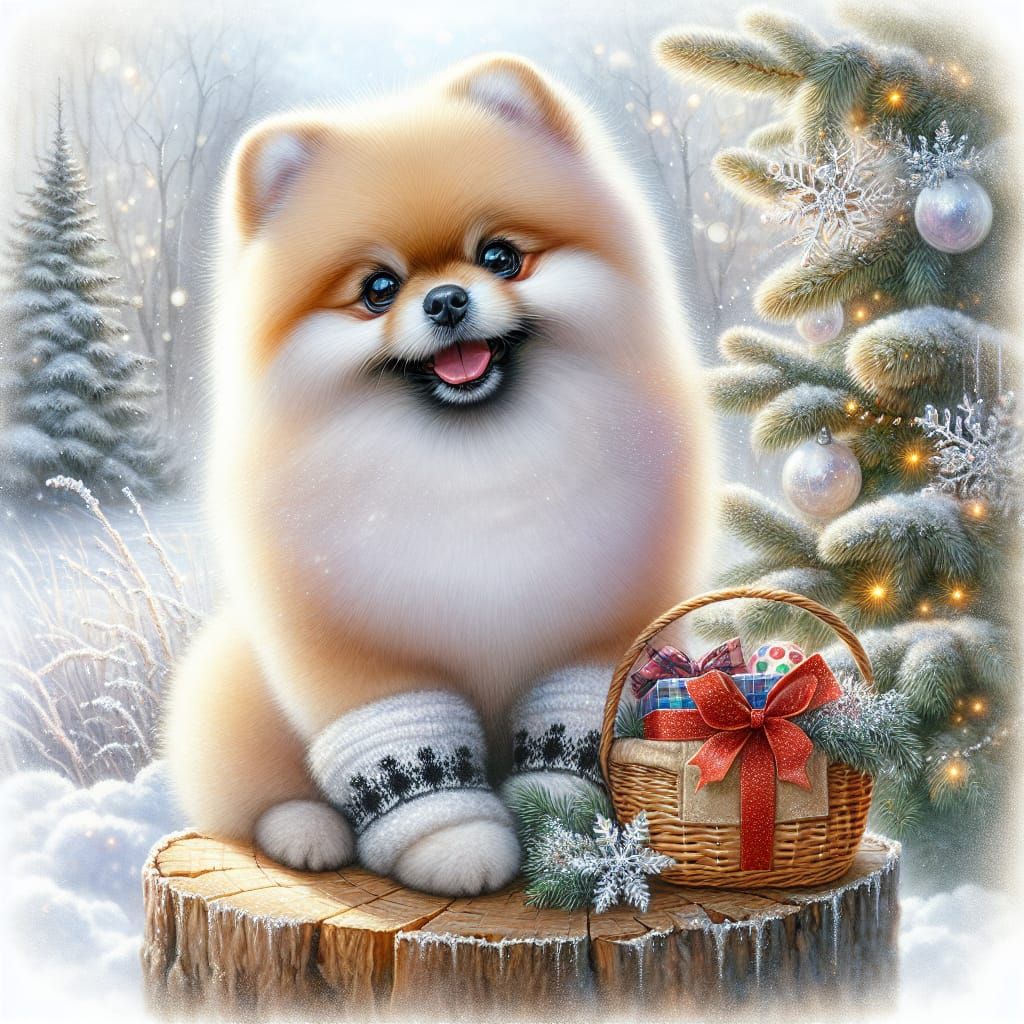 Fluffy Pomeranian Sits on Tree Stump, Holding New Year's Bas...