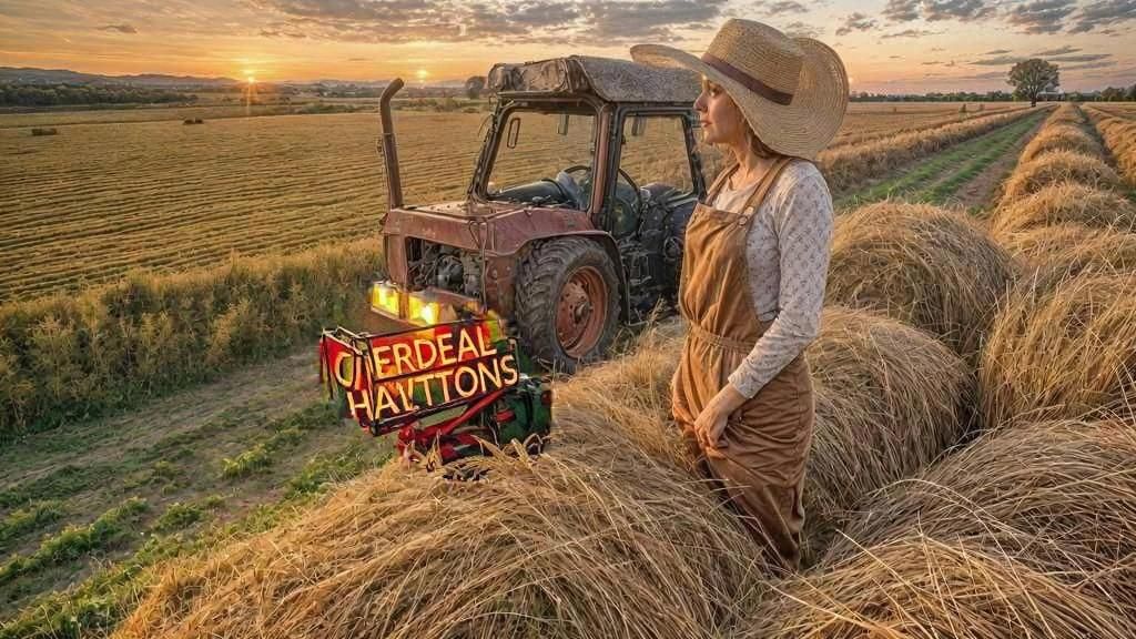 Golden Sunset Over Farmland: Photorealistic Wide-Angle View