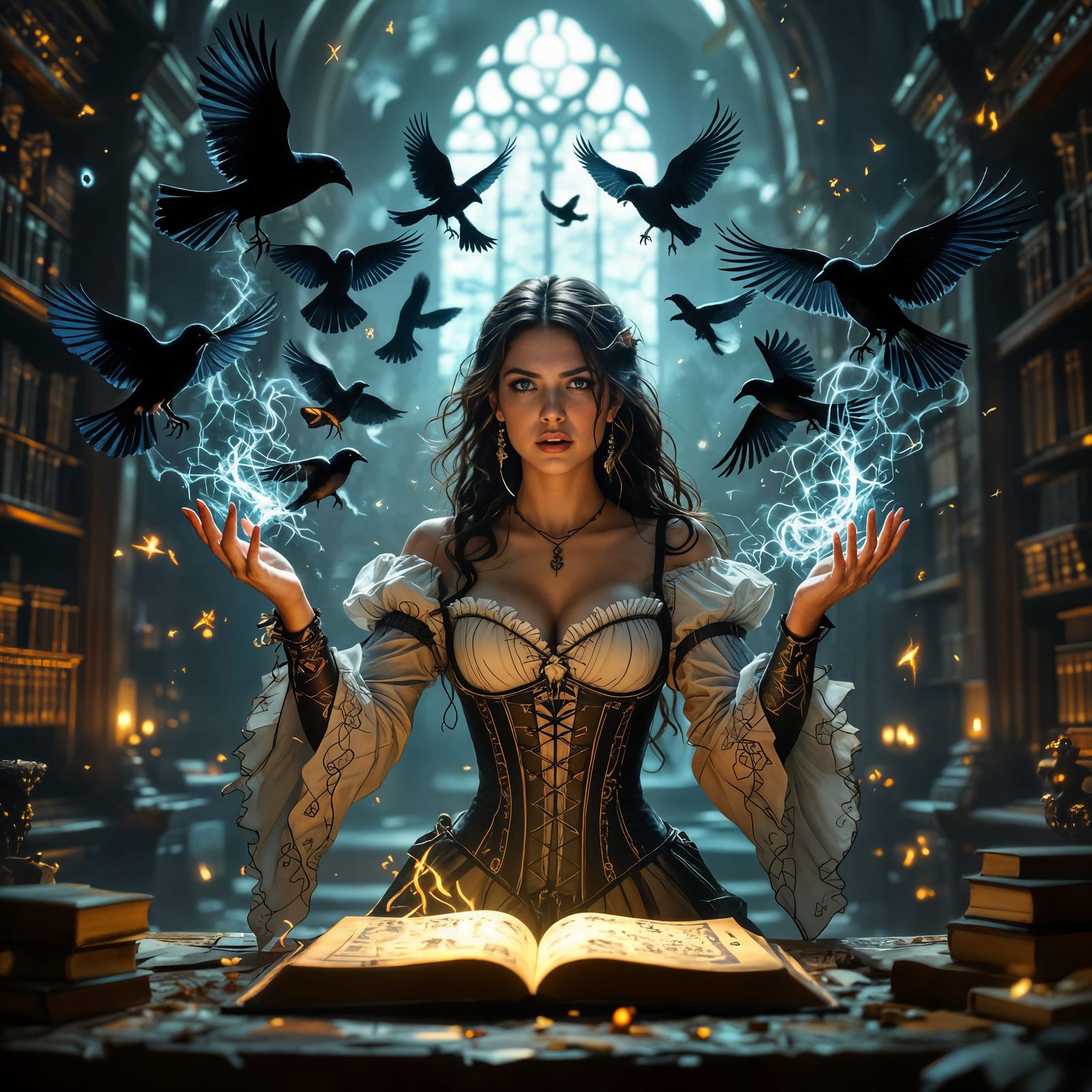 Sorceress Unleashes Luminous Ravens in Ancient Library