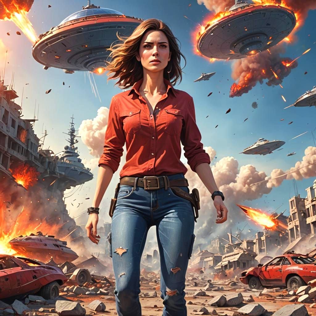 Woman in War Zone Battlefield with Explosions