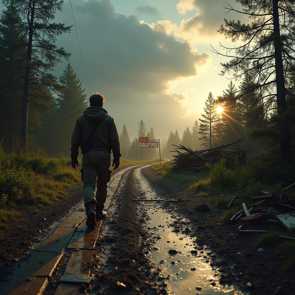 Resilient Figure Walks Through Post-Storm Forest