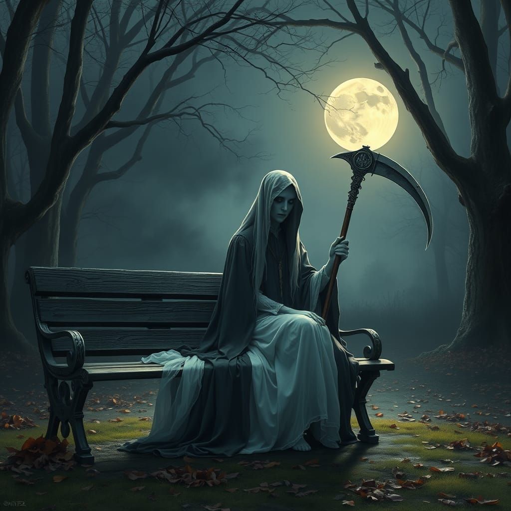 The Grim Reaper Beside a Spectral Lady in a Moonlit Forest