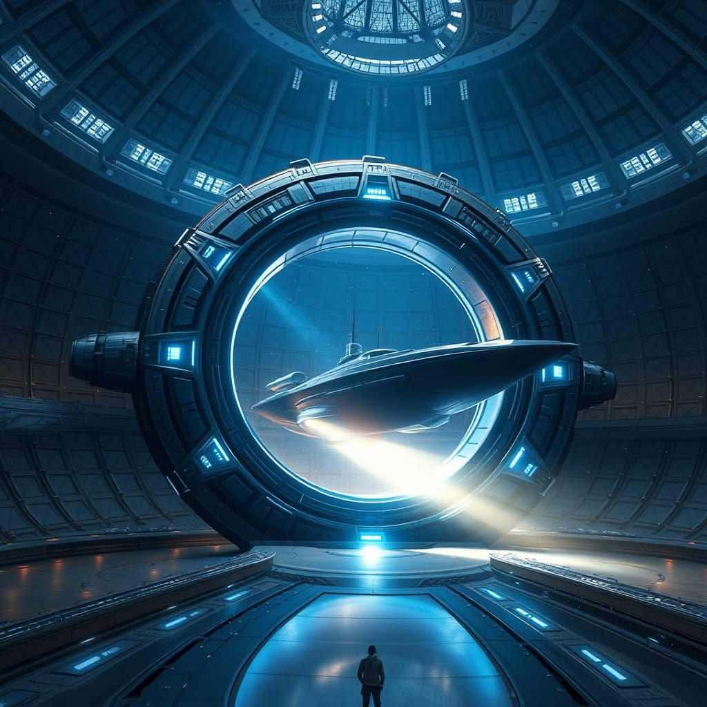 Spaceship Enters Futuristic Stargate Portal in Deep Space