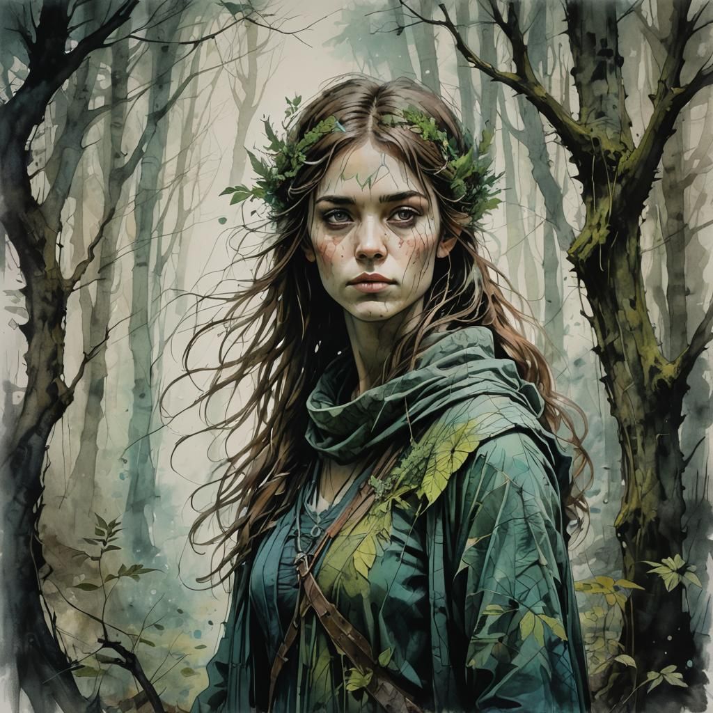 Woman in Forest Chalk Art, Retro Style