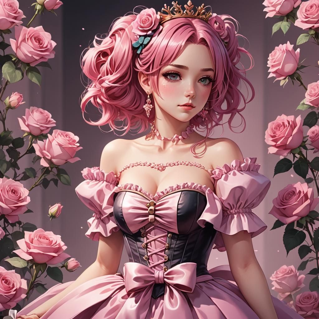 Anime Girl in Pink Corset Dress with Rose