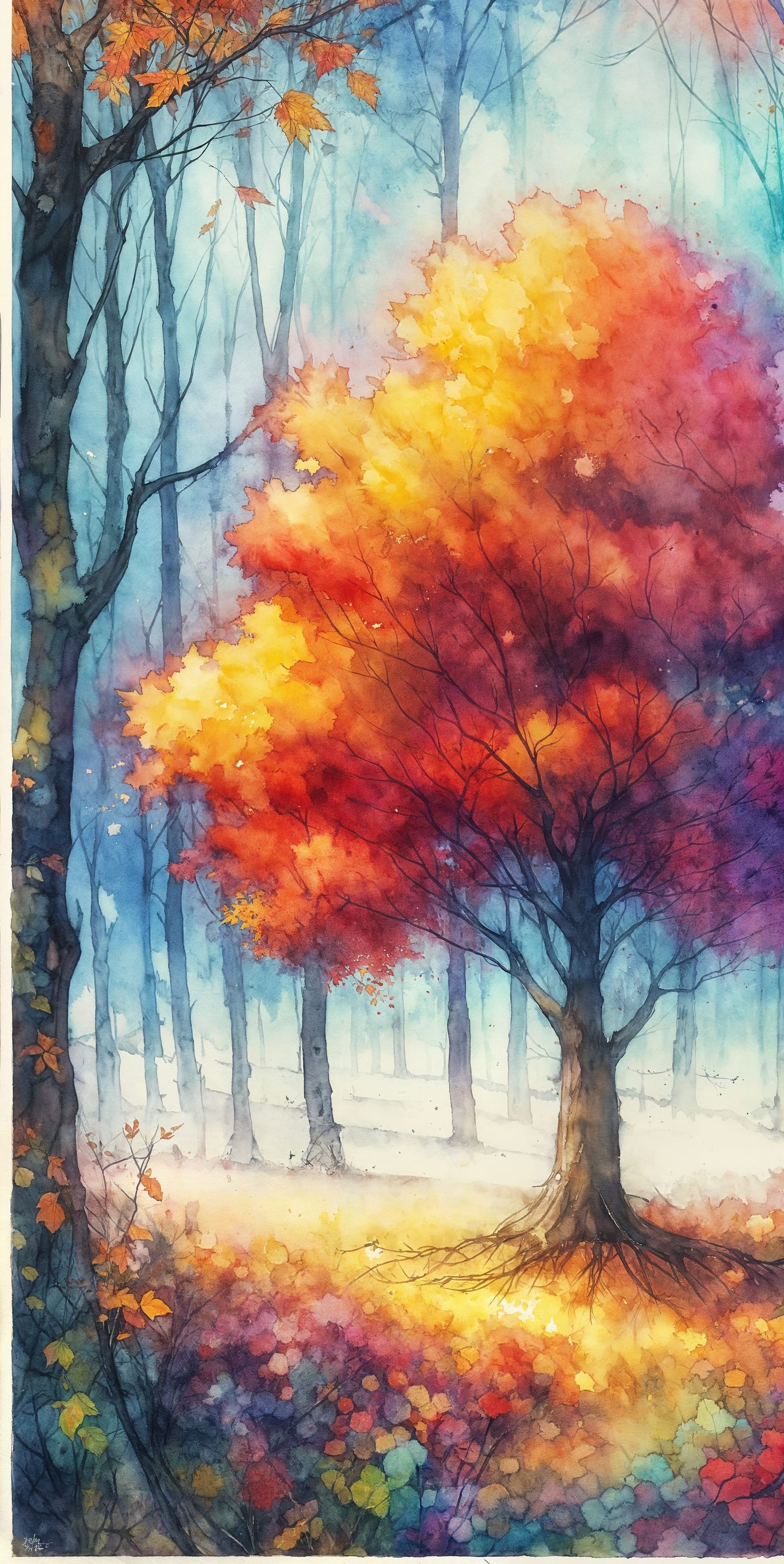 Enchanted Autumn Watercolor Scene in Classical Style