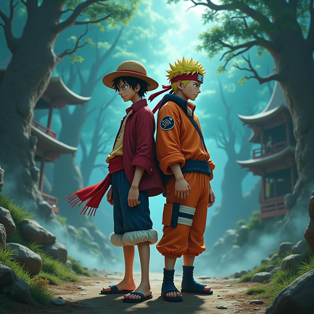 Luffy and Naruto in Mystical Landscape, Digital Art