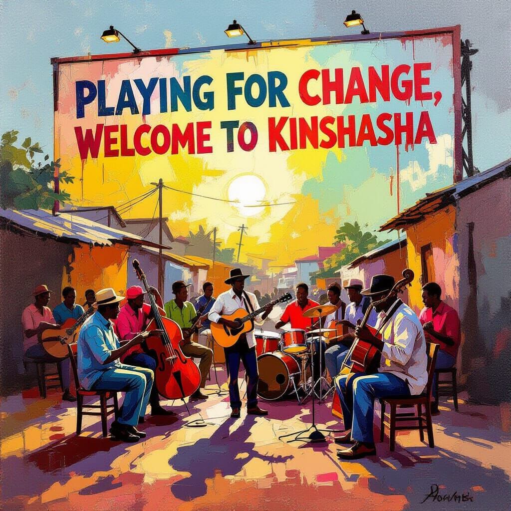 Vibrant Kinshasa Billboard: Musicians Play The Weight