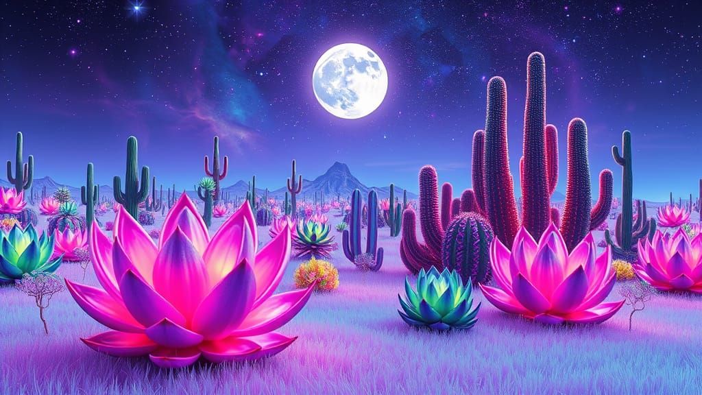 Cyberpunk Dreamscape with Bioluminescent Succulents and Emer...