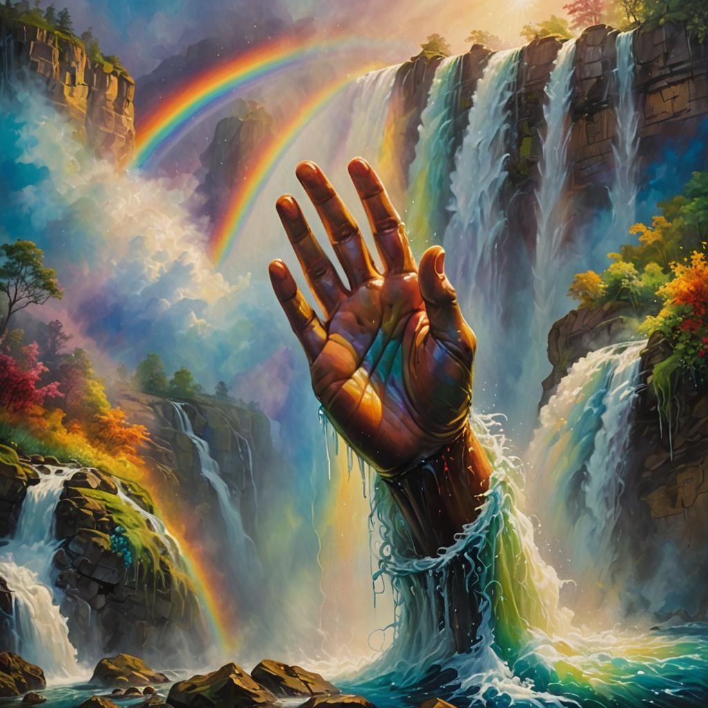 Divine Hand Creates Rainbow: Surreal Oil Painting