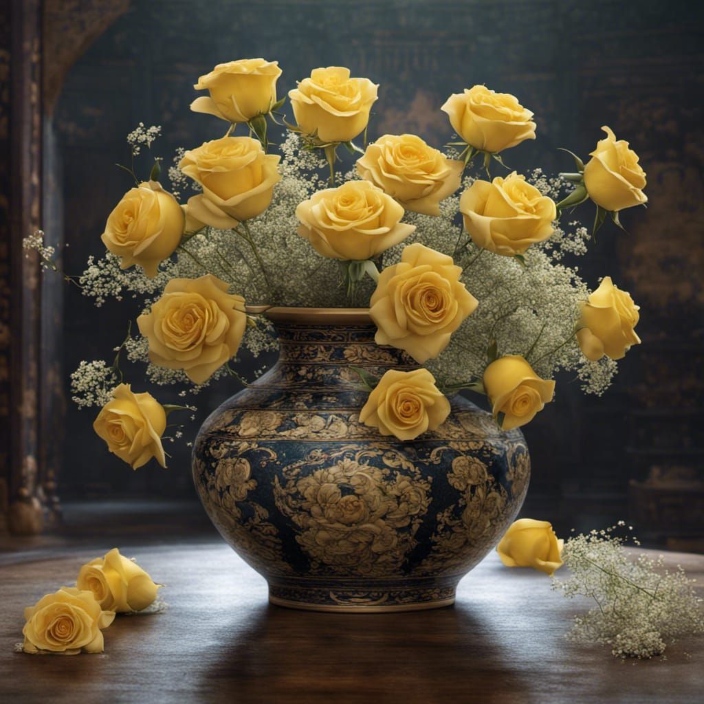 Yellow roses and Baby's Breath in a Chinese Ming Dynasty Vase