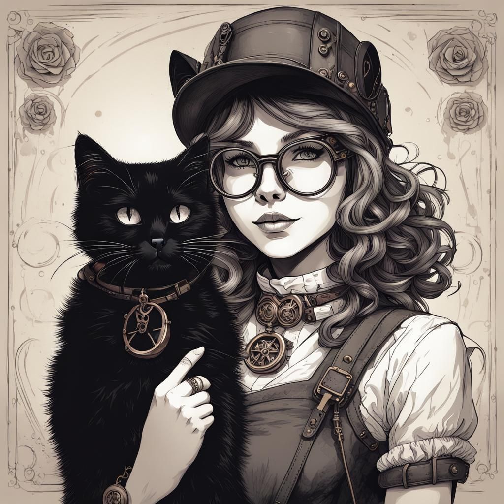 Steampunk Girl and Black Cat Digital Illustration