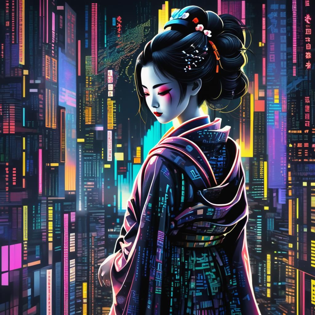Binary Dream: Geisha in Cyberpunk Cityscape