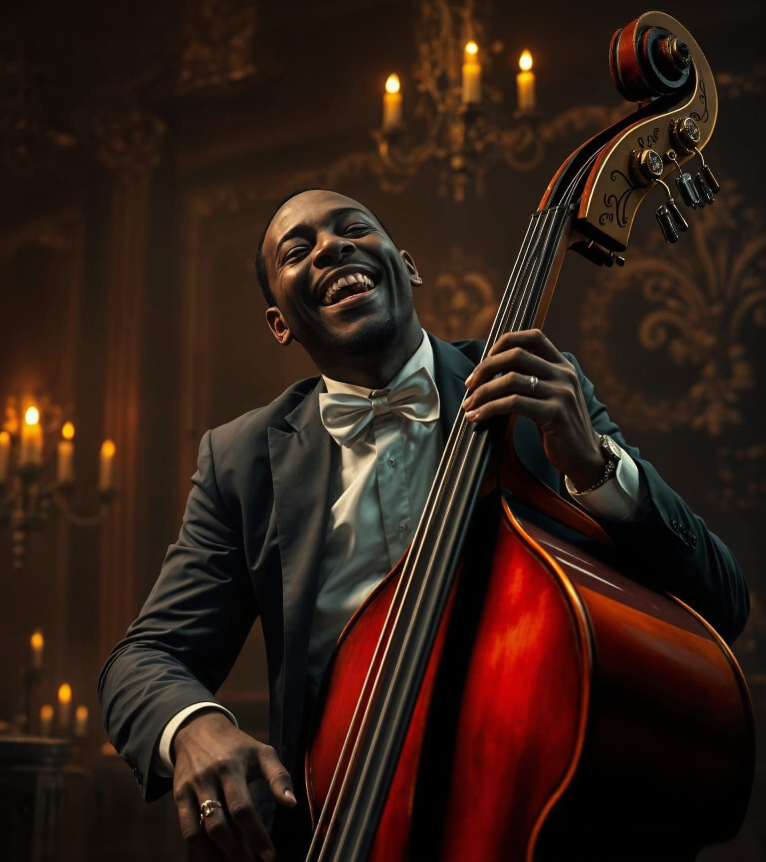 Musician Plays Double Bass in Smoky Nightclub