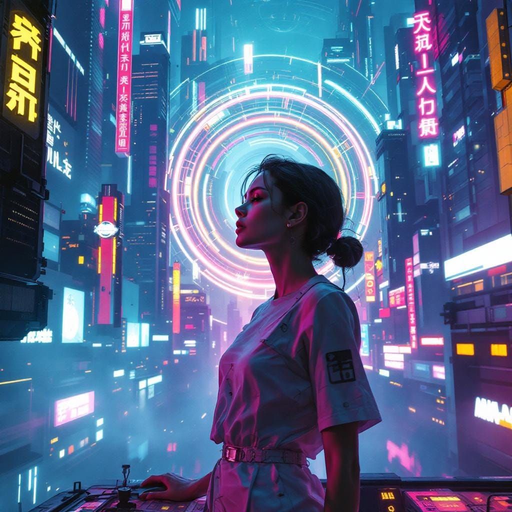 Futuristic Woman at Timeline Intersection in Cyberpunk Style