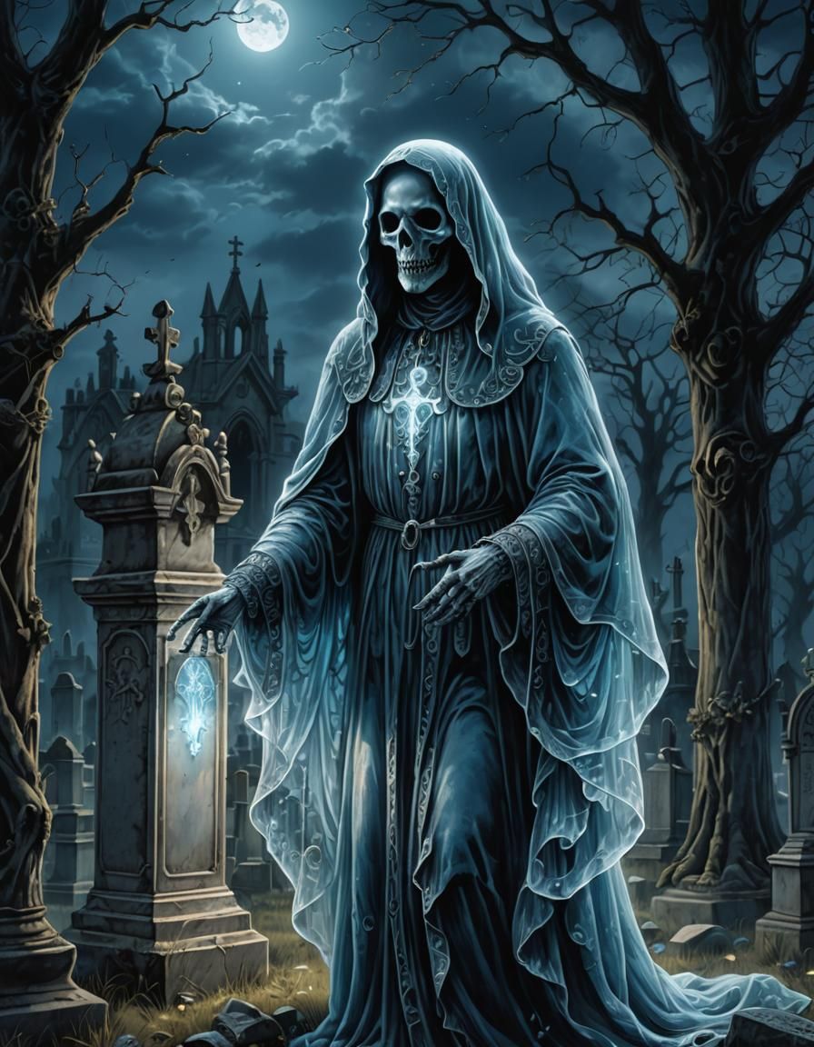 Ethereal Ghost in Graveyard, Gothic Horror Art