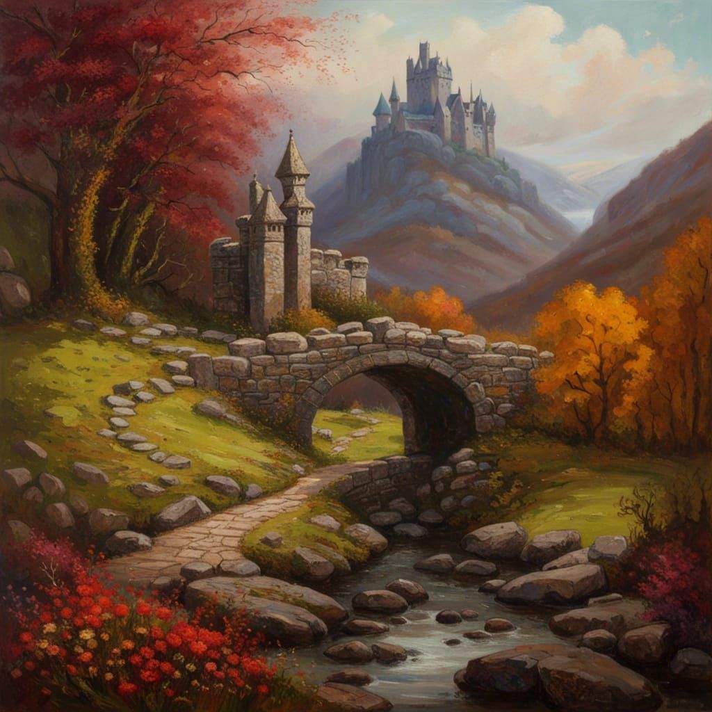 Gothic Cottagecore Landscape with Stone Bridge