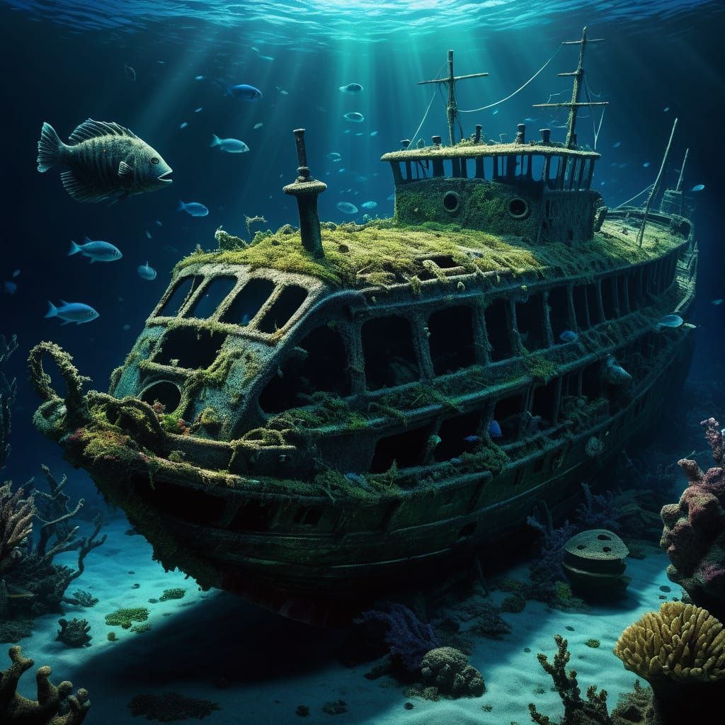 Sunken Shipwreck with Bioluminescent Fish, Digital Art