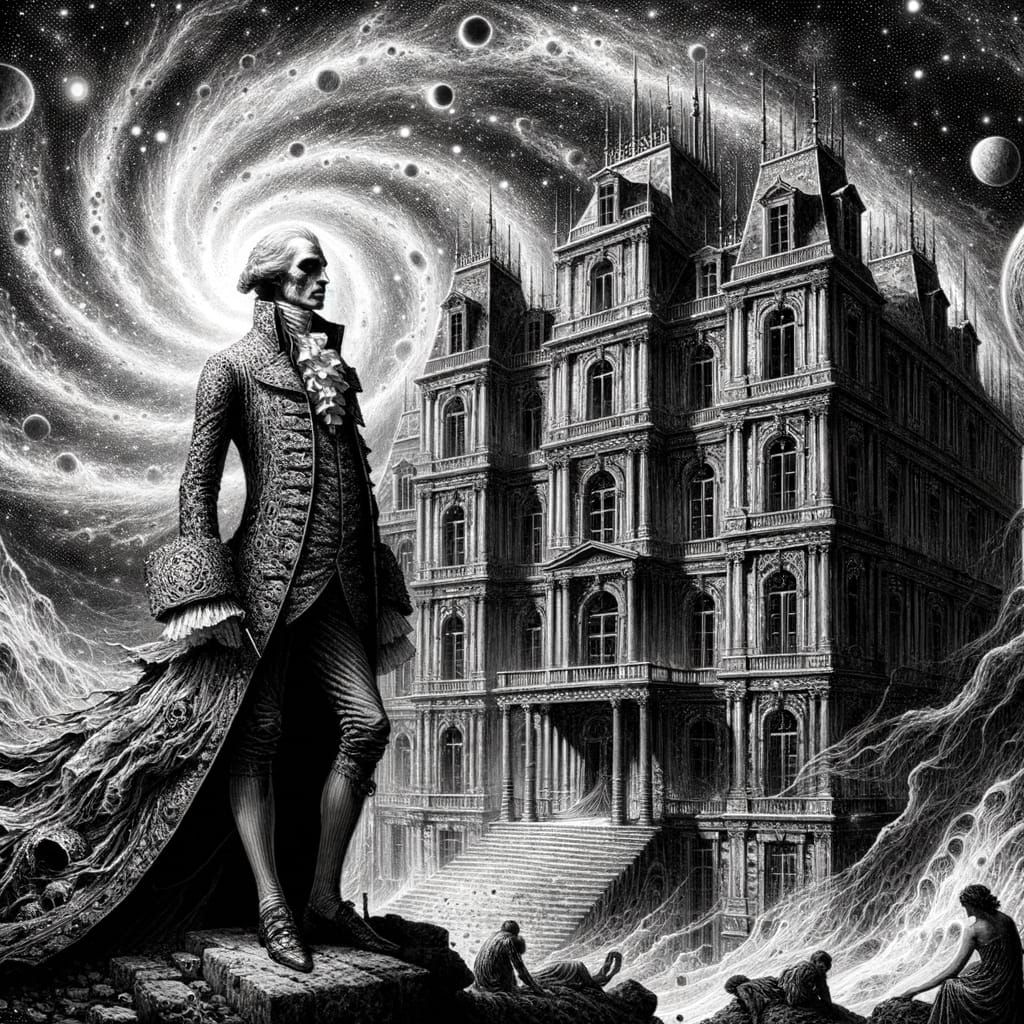 Queen Before Decaying Mansion Under Cosmic Sky