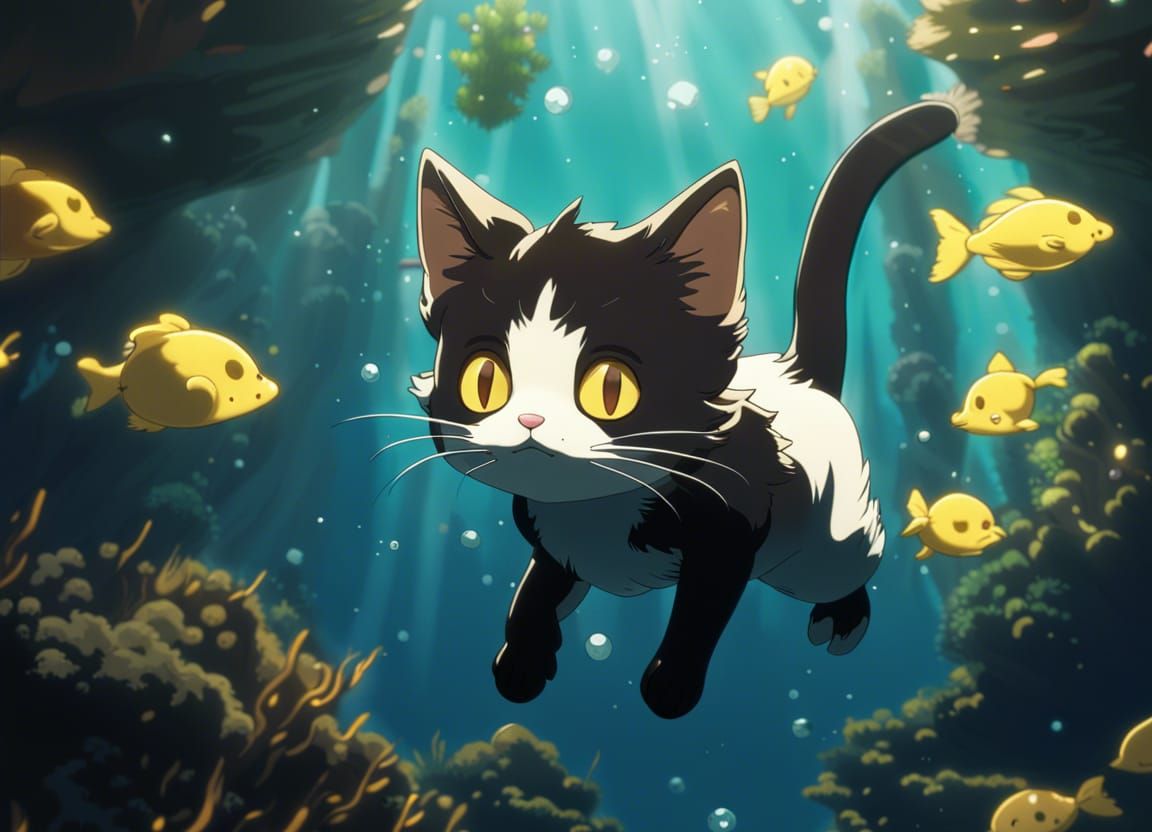 Anime Kitten Swimming Underwater in Studio Ghibli Style