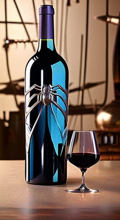 Futuristic Spider Crawling on Vintage Wine Bottle