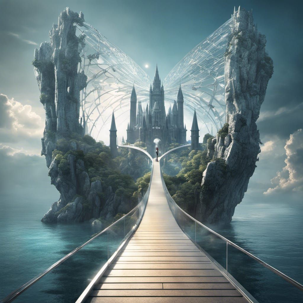 Pedestrian bridge fantasy island castle.