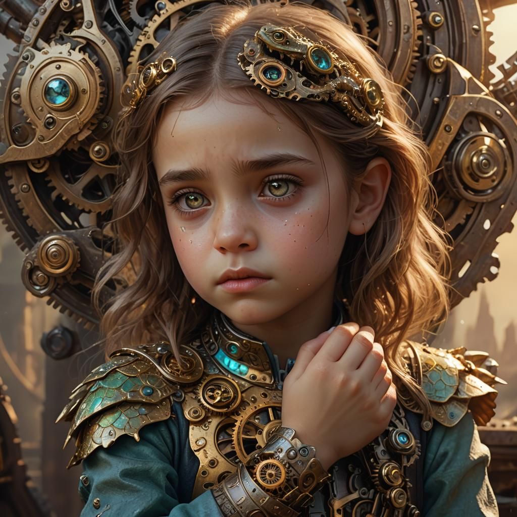 Sad Girl with Cog Lizard: Fantasy Concept Art