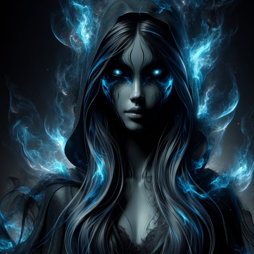 Ethereal Woman Engulfed in Black and Blue Flames