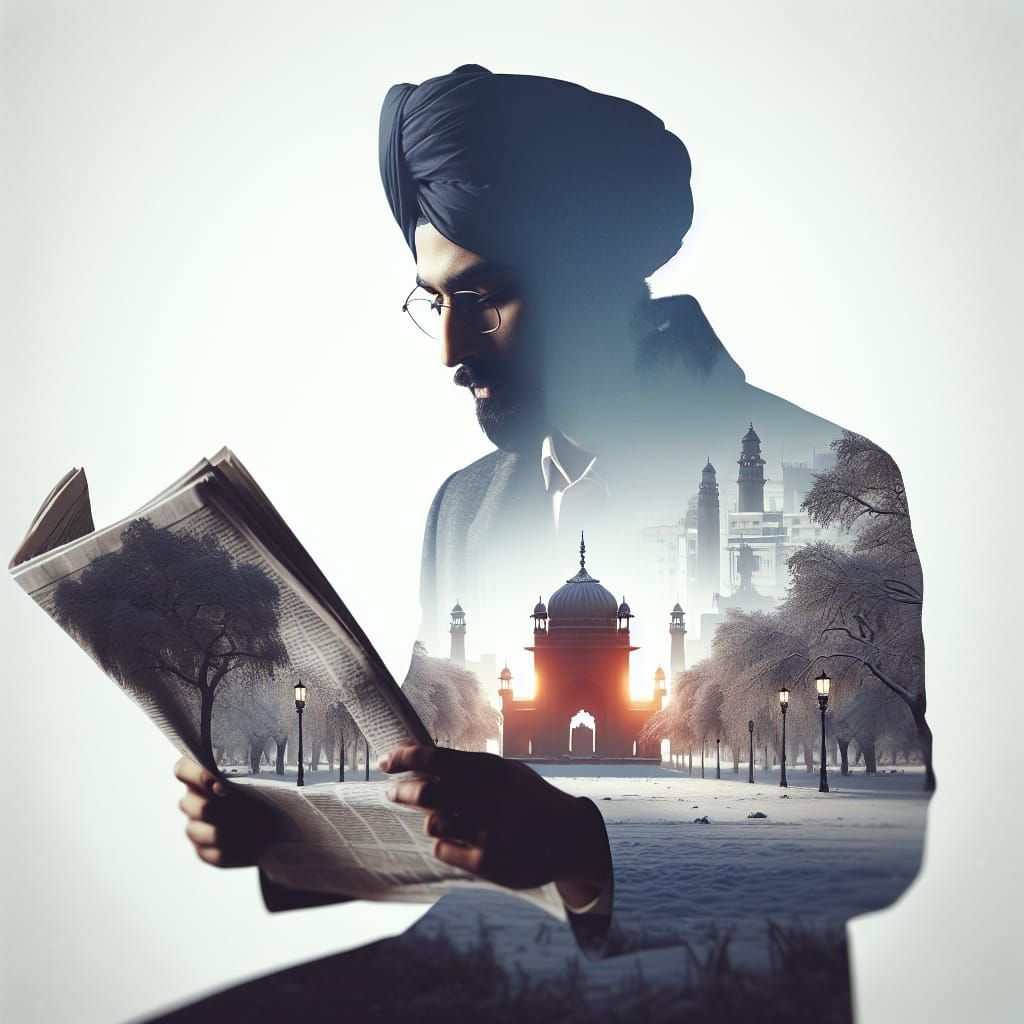 Silhouette of a Man Reading Against a Winter Night Cityscape