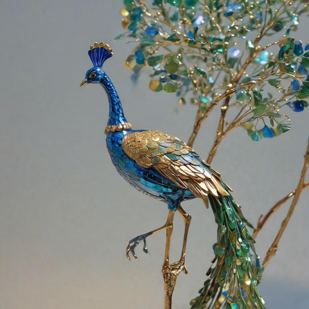 Glass Peacock Sculpture in Impressionist Style