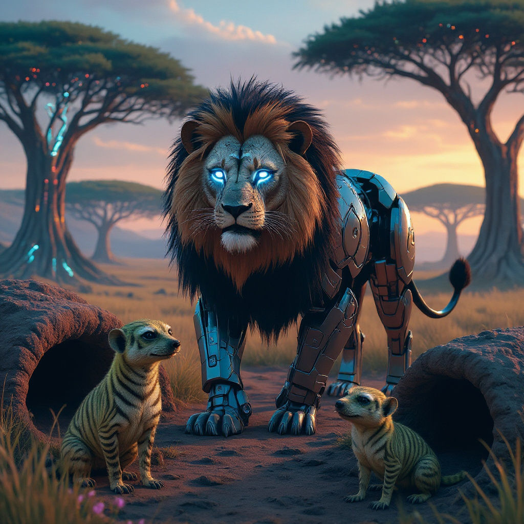 Cyberpunk Lion Prowls Futuristic Savanna