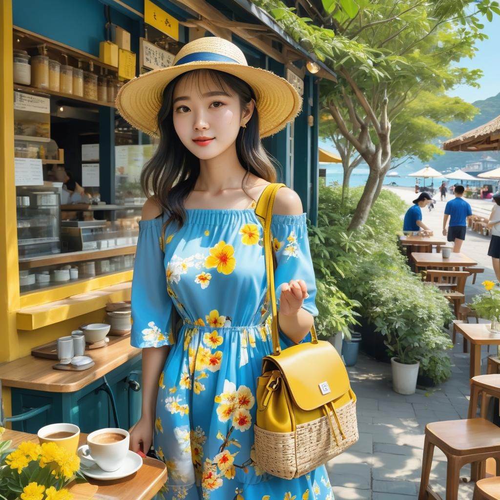 Seaside Coffee Shop with Girl in Anime Style