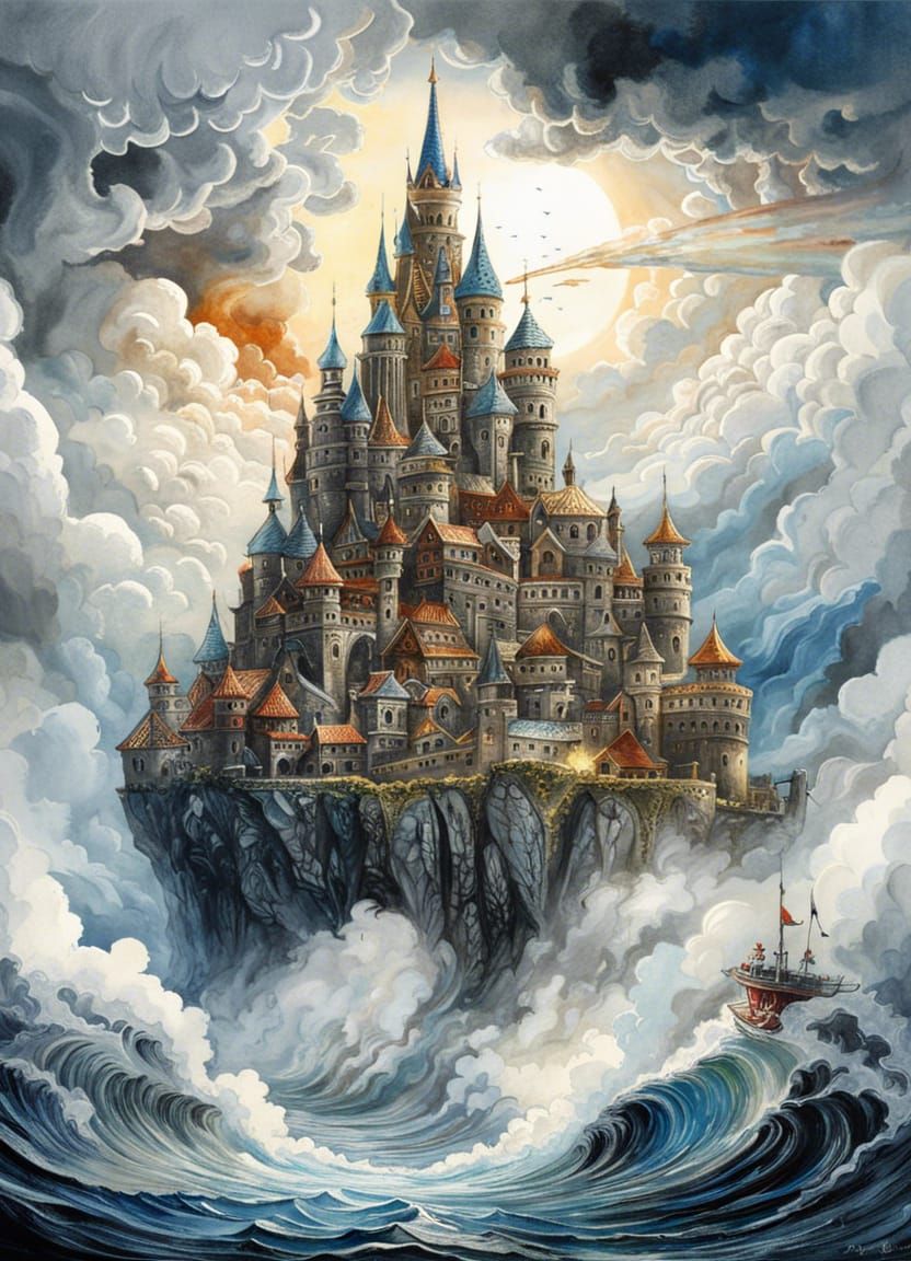 Cloud Castle Kingdom in Sfumato Watercolor Style