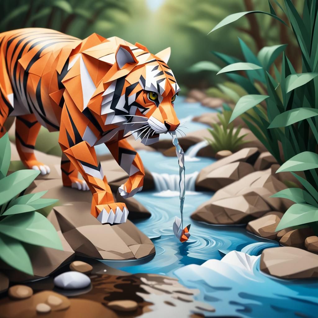 Tiger Catching Fish: Origami Papercraft Oil Painting