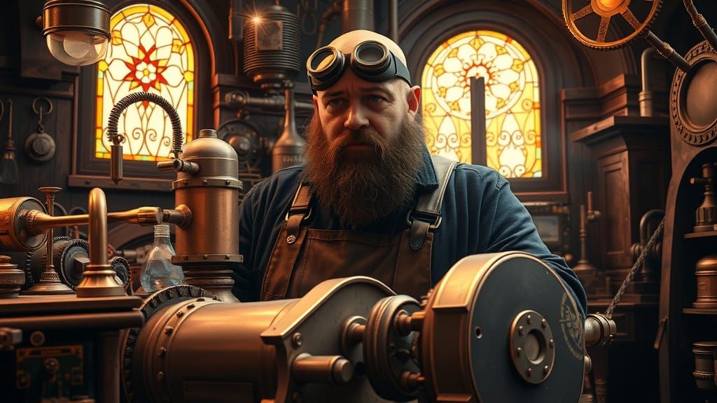Stout Dwarven Craftsman Tinkers with Steam-Powered Contrapti...
