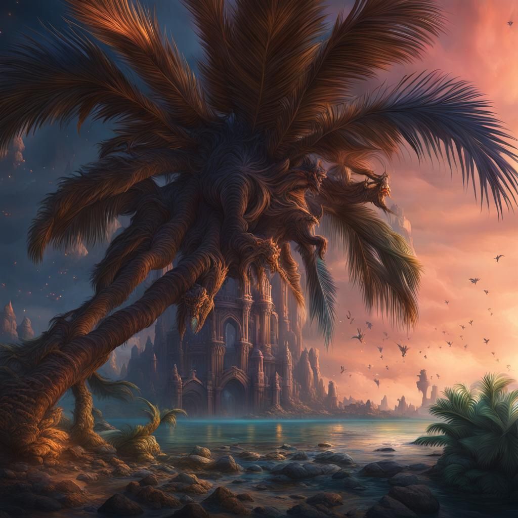 Fantastical Palm in Deep Color, Detailed Matte Painting