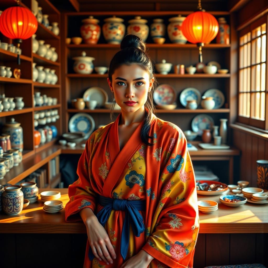 Traditional Asian Store Owner Samurai Haircut in Vibrant Spl...